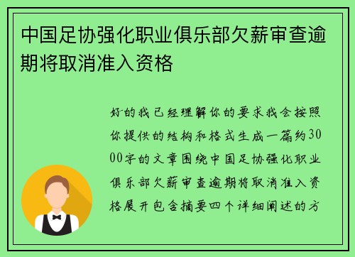 中国足协强化职业俱乐部欠薪审查逾期将取消准入资格